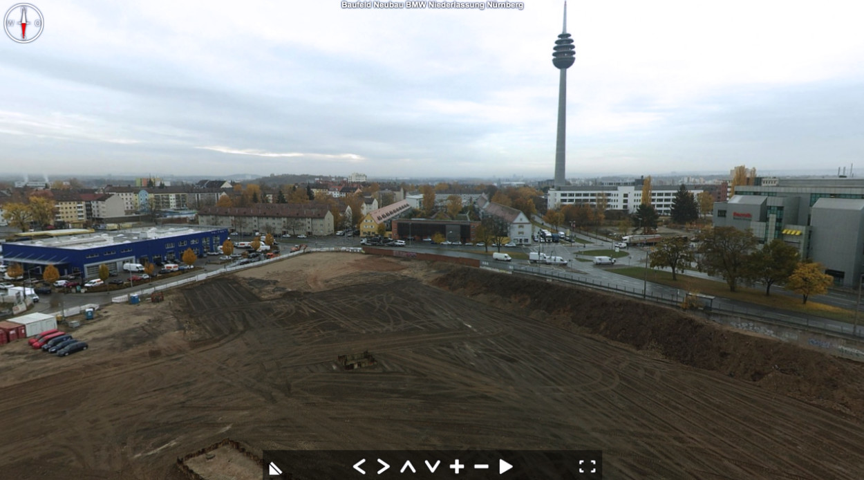 Baustellenbefliegung für das Baufeld der neuen BMW-Niederlassung nach einer Bodenverbesserungsmaßnahme in Nürnberg. 